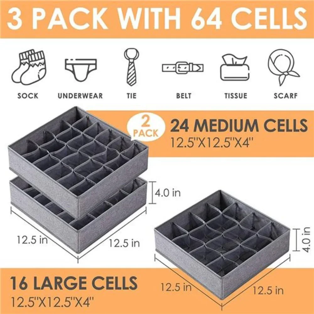 3 Pack Sock Underwear Organizer Dividers, 64 Cell Drawer Organizers